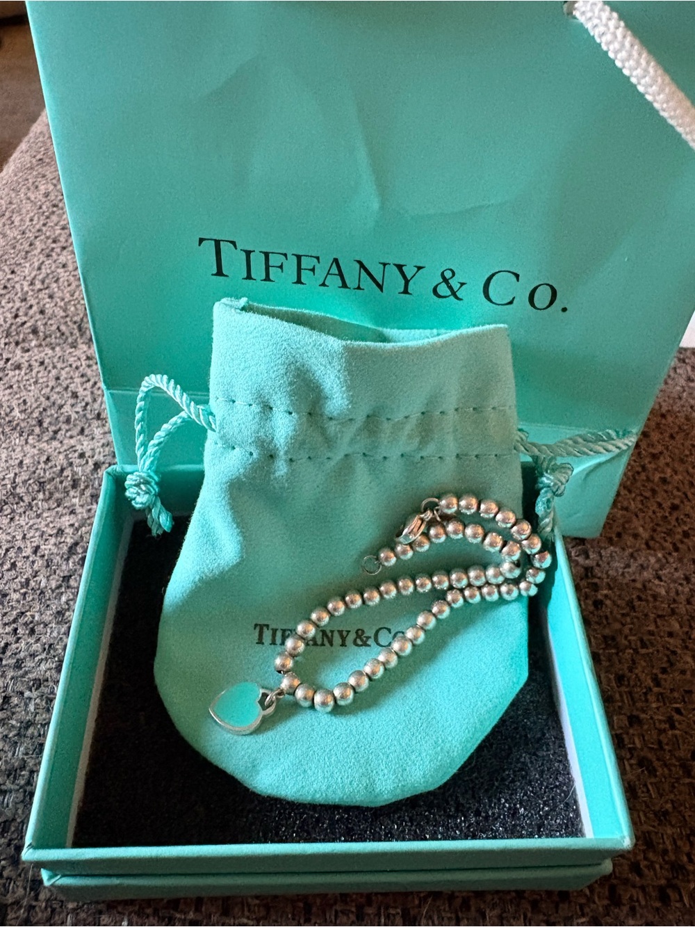 Tiffany & Co. Sterling Bead bracelet with Heart Tag - Turquoise Pouch